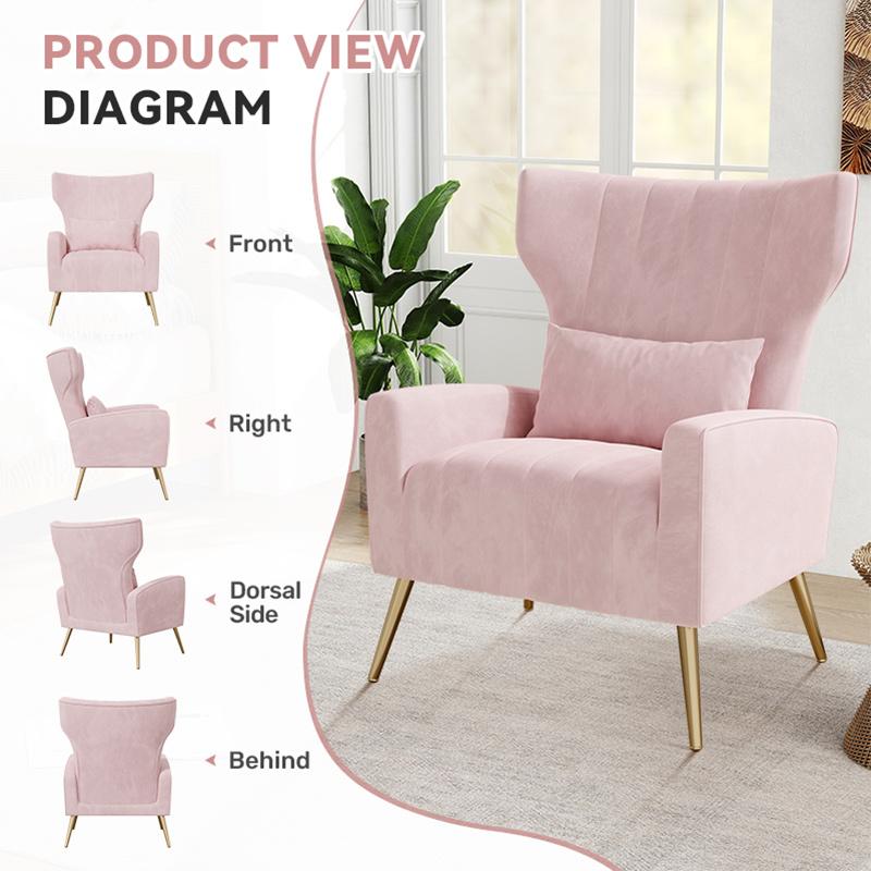 Velvet Accent Chair Wingback for Living Room, High Back Arm Chair with Golden Legs Lumbar Pillow, Upholstered Single Sofa Bedroom Beige