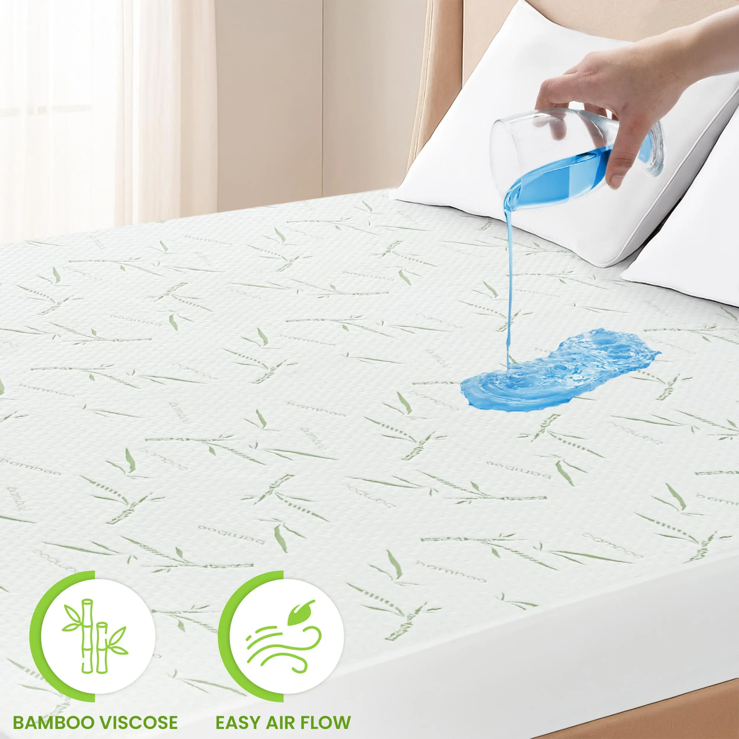 Lux Decor Bamboo Waterproof Mattress Protector – Cooling Quilted Soft Breathable Skin-Friendly Noiseless Mattress Cover, Elastic Fitted with 16” Deep Pocket, Durable & Easy-Care Bedding Protection Natural Fiber Topper