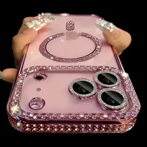 Luxury Transparent Magsafe Wireless Charging Case For iPhone 17 Pro Max 11 12 13 14 15 16 Pro Max Plus 17Air Magnetic Soft TPU Slim Shockproof Cover Protection Glitter Bling Sparkly Diamonds Rhinestone Camera Protector Women Girls Case
