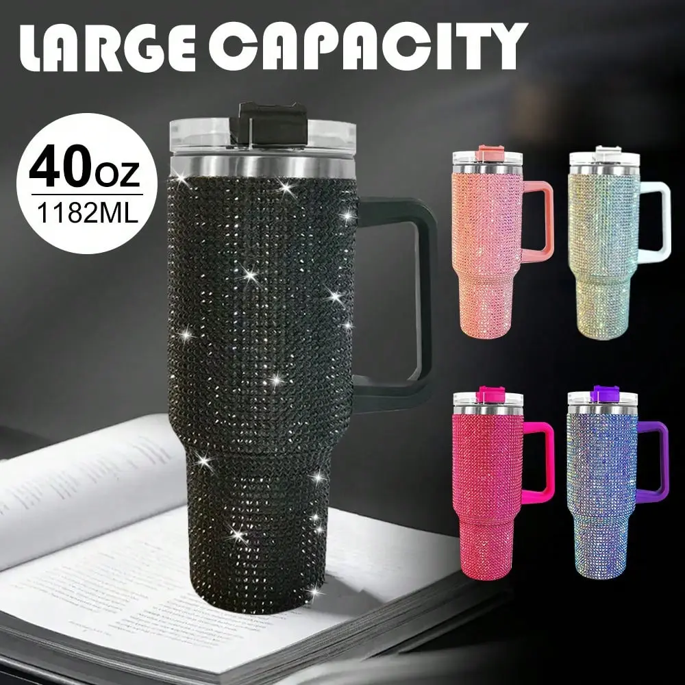 40oz (1200ml) Multicolor Stainless Steel Diamond-Shiny Insulated Vacuum Flask for Adults, Leak-Proof Large-Capacity Drinkware Stylish Flask with Straw or Handle Sip, Anti-Scalding Explosion-Proof Water Bottle for Outdoor Use, Holiday-Birthday Gift