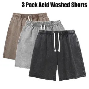 3 Pack Shorts for Men Gym Vintage Heavyweight Shorts Cotton Workout Acid Wash Baggy Shorts, Cotton Elastic Waist Drawstring with Pockets Streetwear Athletic Sweat Shorts