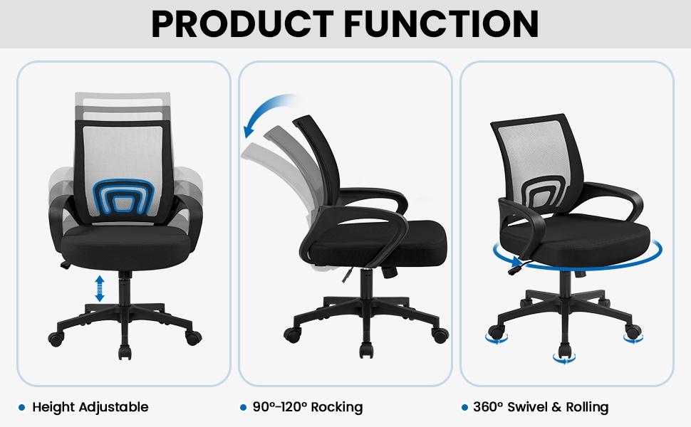 Yaheetech Ergonomic Mesh Office Chair Adjustable Height, Reclining Mid Back Desk Chair Swivel Rolling with Fixed Lumbar Support
