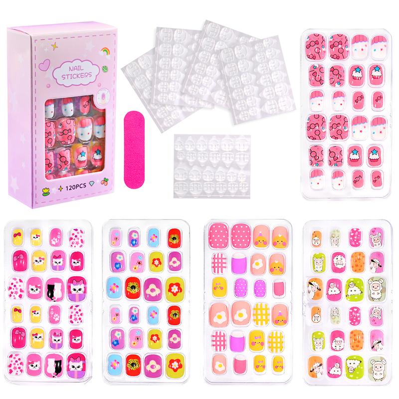 120Pcs/Box Cartoon Gril Princess Children Press On Nails 6-14Years Kawaii Cat/Flowers/Rainbow Nail Tips With Jelly Gel Girl Gift