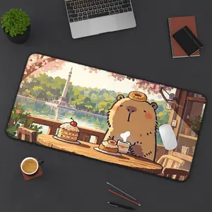 Capybara Cafe Desk Mat – Cute Aesthetic Mouse Pad for Cozy Desk Setup, Kawaii Capybara Desk Accessory