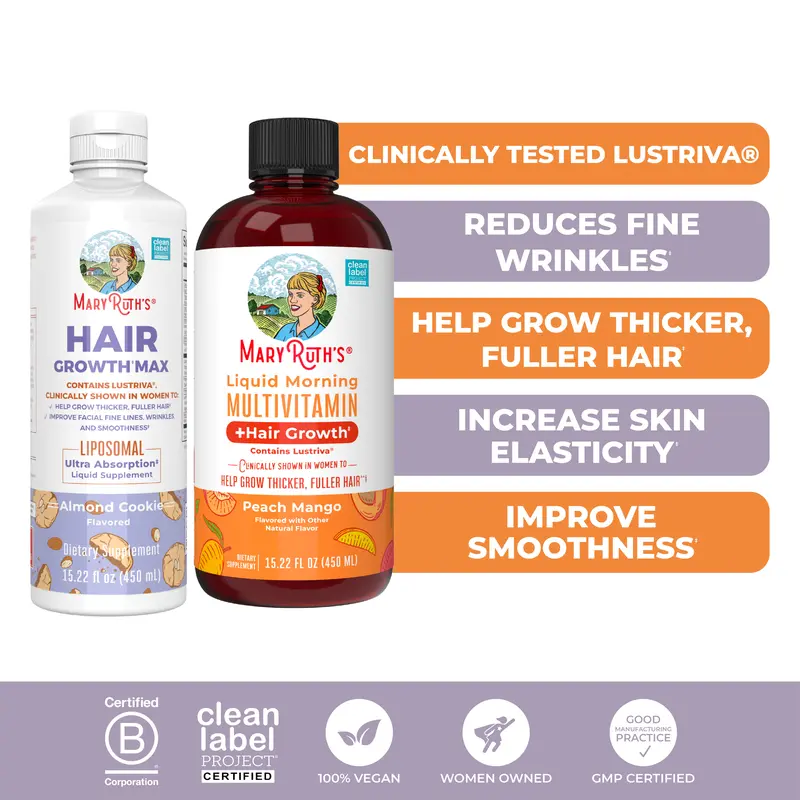 MaryRuth's Liquid Multivitamin + Hair & Hair Growth Max Liposomal Bundle - Liquid Morning Multivitamin + Hair Growth Peach Mango 15.22 oz - Hair Growth Max Liposomal 15.22 oz