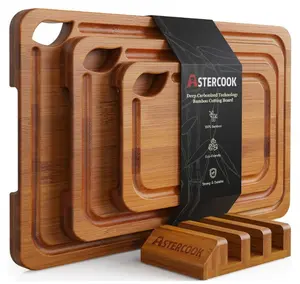 Astercook Deep-Carbonized Bamboo Cutting Boards for Kitchen with Wood Storage Stand, Reversible Charcuterie & Chopping Boards with Juice Grooves and Easy-Grip Handles, Knife-Friendly, Kitchen Gift