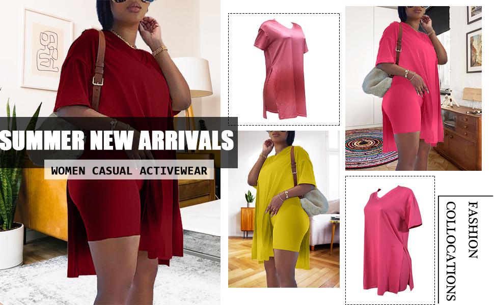 Womens 2 Piece Lounge SetsT-Shirts Topsas Biker Shorts Set Workout Reversible T racksuit S-3XL Womenswear Minimalist Shortsleeve Summer Two-Piece Set 2026  Casual Oversized Shirts Biker Shorts Matching Airport Travel Outfit Split Hem Lounge#springto