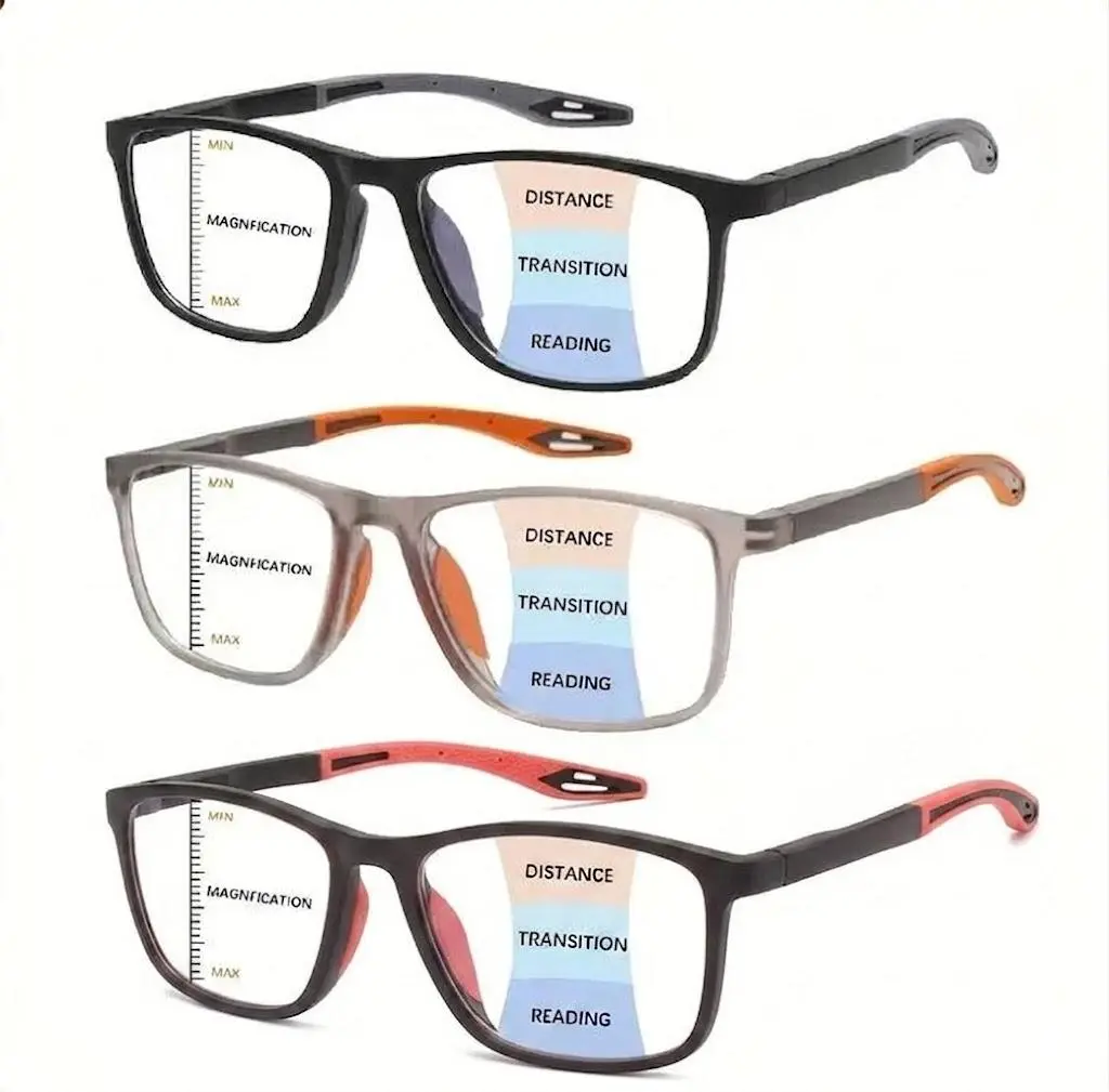Progressive Multifocal Reading Glasses 3-Pack, Unisex Oversized Square Frames, High Definition Blue Light Filtering Computer Eyewear, High Definition Glasses, Multi-Pack