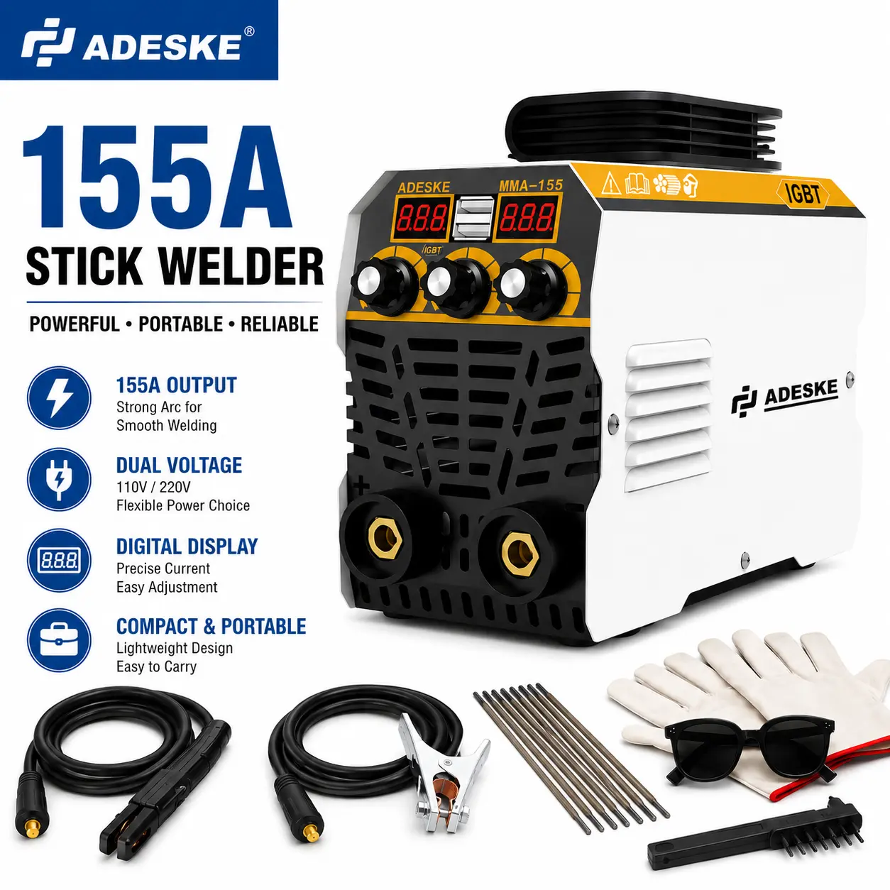 ADESKE Mini 155A Hand Welding Machine, Portable Inverter Arc Equipment, 110V/220V Dual Voltage, Digital Display, Full Kit with Rods for Metal DIY Projects, Home Repair, Portable Inverter Arc Welding Equipment