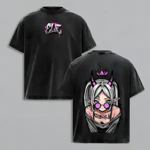 Frieren Streetwear Vintage Washed Anime T-Shirt Demon Elf Girl Purple Crown Graphic Tee Oversized Retro Shirt Heavy Cotton Grunge Gift for Frieren Fans Menswear Top