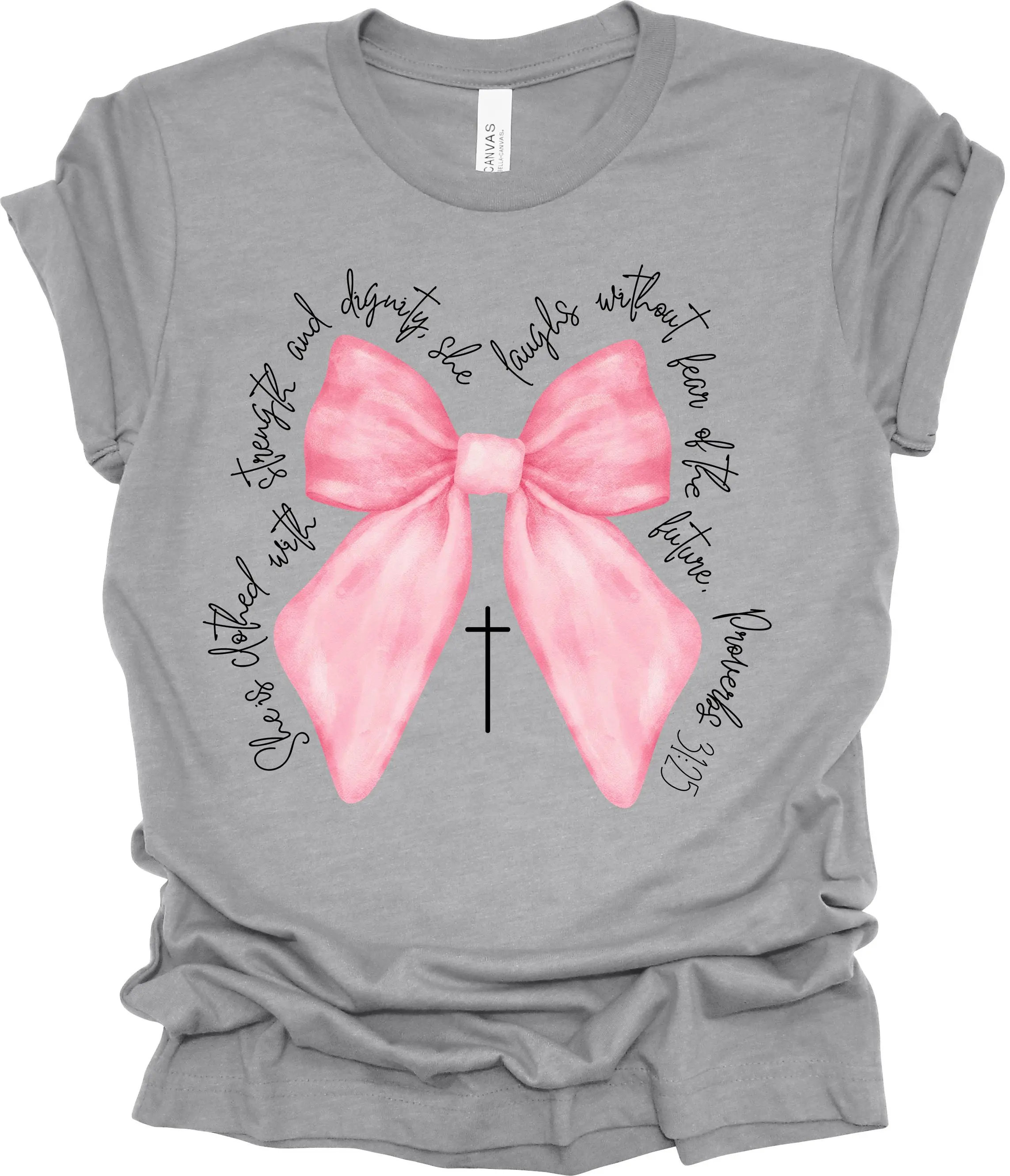 TRENZ SHIRT COMPANY Women's Coquette Christian Bow Graphic T-Shirt, Proverbs 31:25 Inspirational Message, Soft Fabric Short Sleeve Style, Tshirt