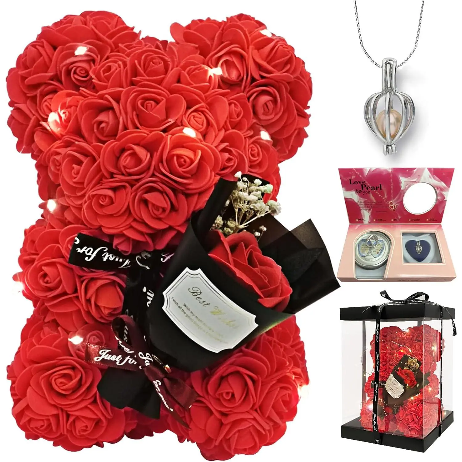 Artificial Rose Teddy Bear Set with Preserved Lasting Roses Bouquet & Blind Box Pearl Necklace - Romantic Gifts for Girlfriend, Cute Gifts for Wife, Festive Home Decor (Valentine’s Day/Mother’s Day Presents), Birthday Gifts For Gf