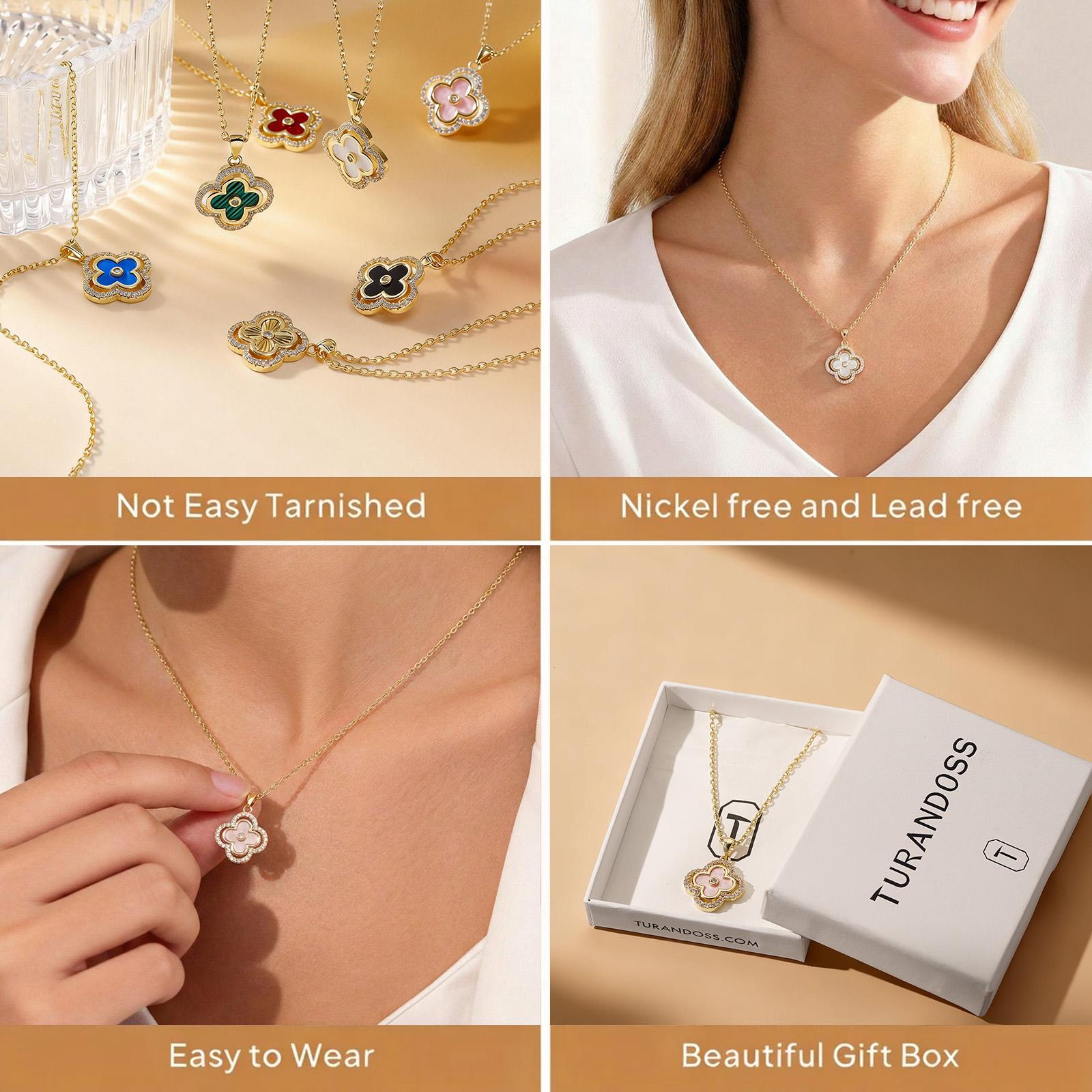 Turandoss Lucky 4-leaf Clover Necklace — CZ Sparkle, 14K Gold Plated, Valentine’s Gift for Women SpringStatements