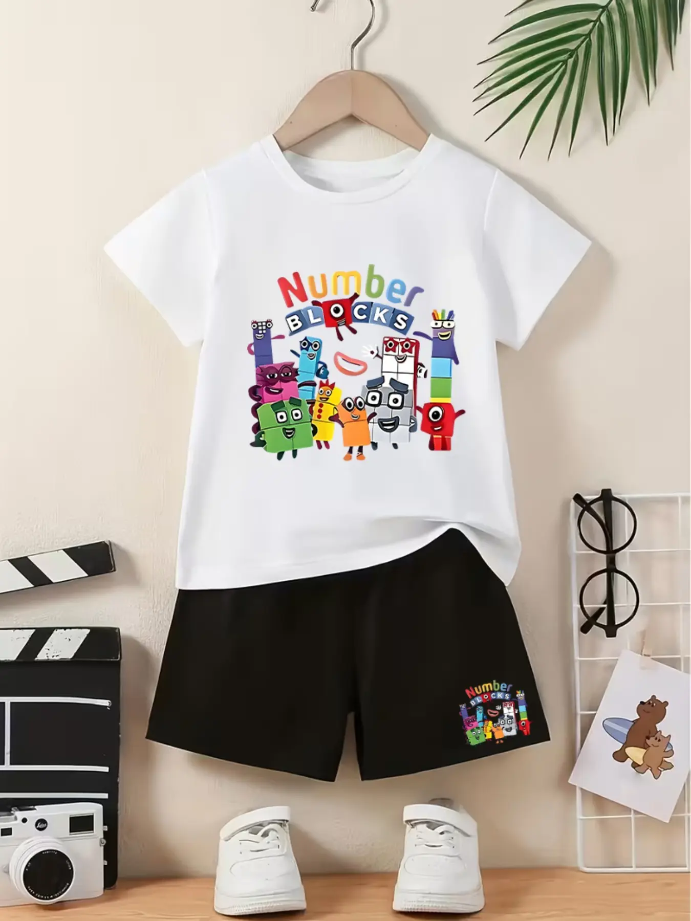 Numberblocks Digital Blocks Print Children's Outfit, Cartoon Summer Clothing Set Short-Sleeved T-Shirt + Shorts 2-Piece Set for Boys & Girls, Comfortable Casual Daily Wear, Ideal Gift Choice