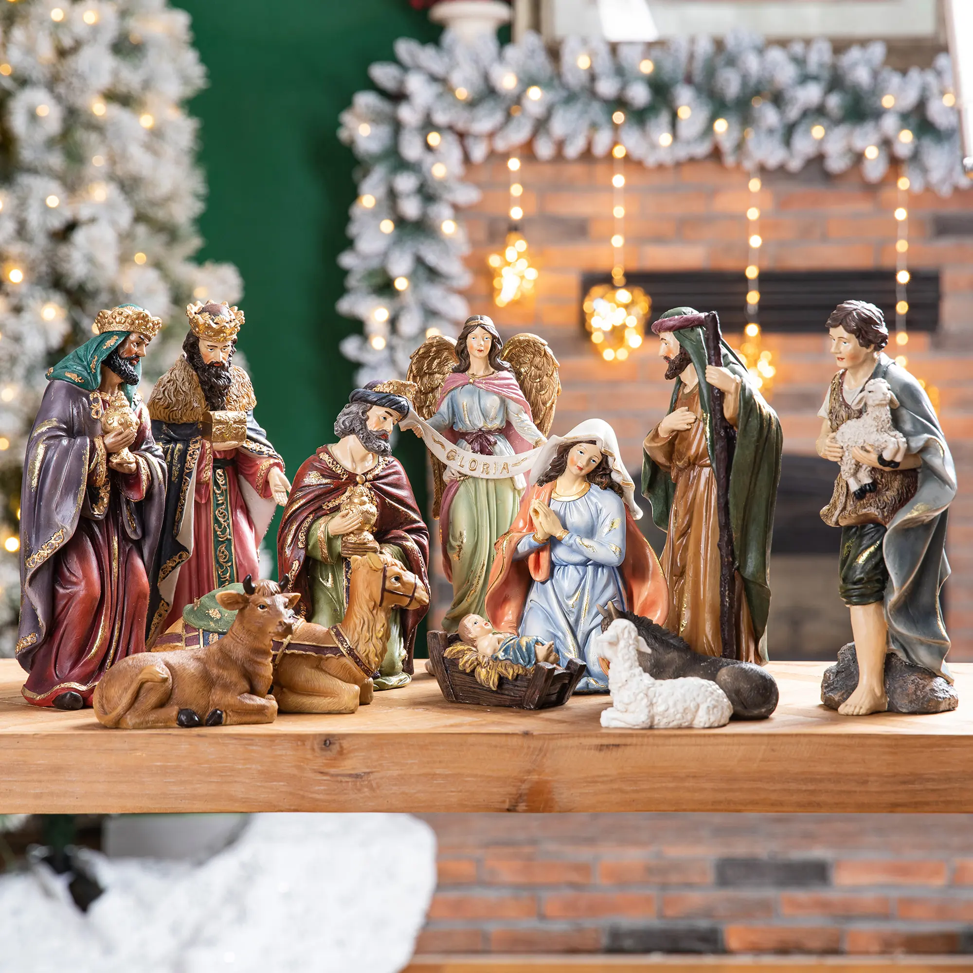 Glitzhome 12pcs Oversized Hand-Made Resin Nativity Figurine Set with Removable Lamb, Religious Spiritual Decor, Christmas Festive Home Room Angel Decoration