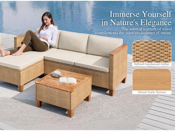 【1 or 2 Packages Shipping】Phivilla Home Outdoor Patio Rattan Furniture Set with Acacia Wood Coffee Table, Thick Cushions – 3/7-Piece Sofa Set for Balcony, Porch & Patio, SpringGlowUp