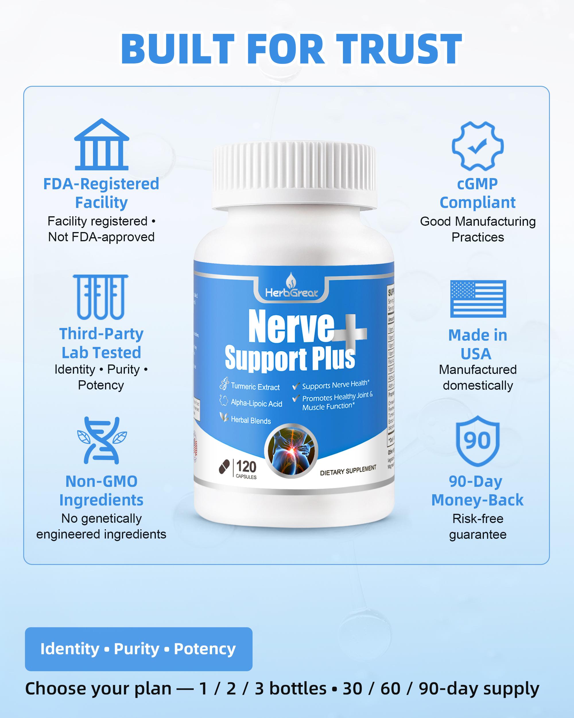 HERBGREAT Nerve Support Plus - 120 Capsules for Sciatic Nerve Health & Joint Comfort - Turmeric, Alpha Lipoic Acid, Acetyl-L-Carnitine, Vitamin C & B-Complex - USA Made - Sciatica Relief Supplement - Bone Immune Drops HERBGREAT Nerve Support Plus - 120 Capsules for Sciatic Nerve Health & Joint Comfort - Turmeric, Alpha Lipoic Acid, Acetyl-L-Carnitine, Vitamin C & B-Complex - USA Made - Sciatica Relief Supplement - Bone Immune Drops