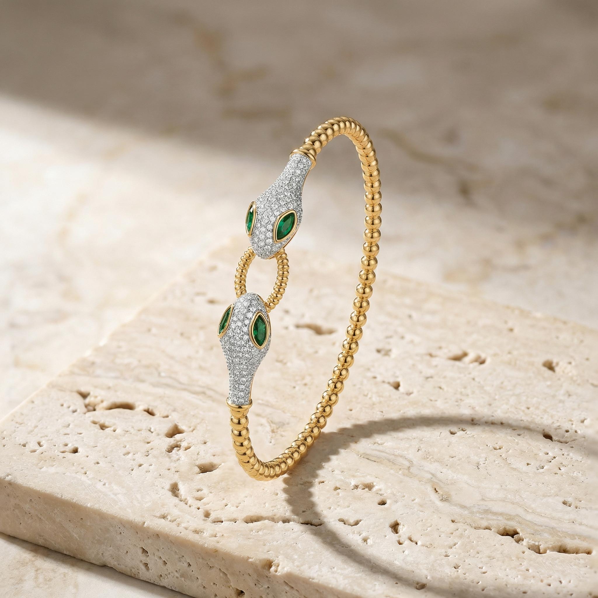 Aprilery Adjustable Snake Design Beaded Bracelet with Green Zircon and Two-Tone Gold and Silver Finish