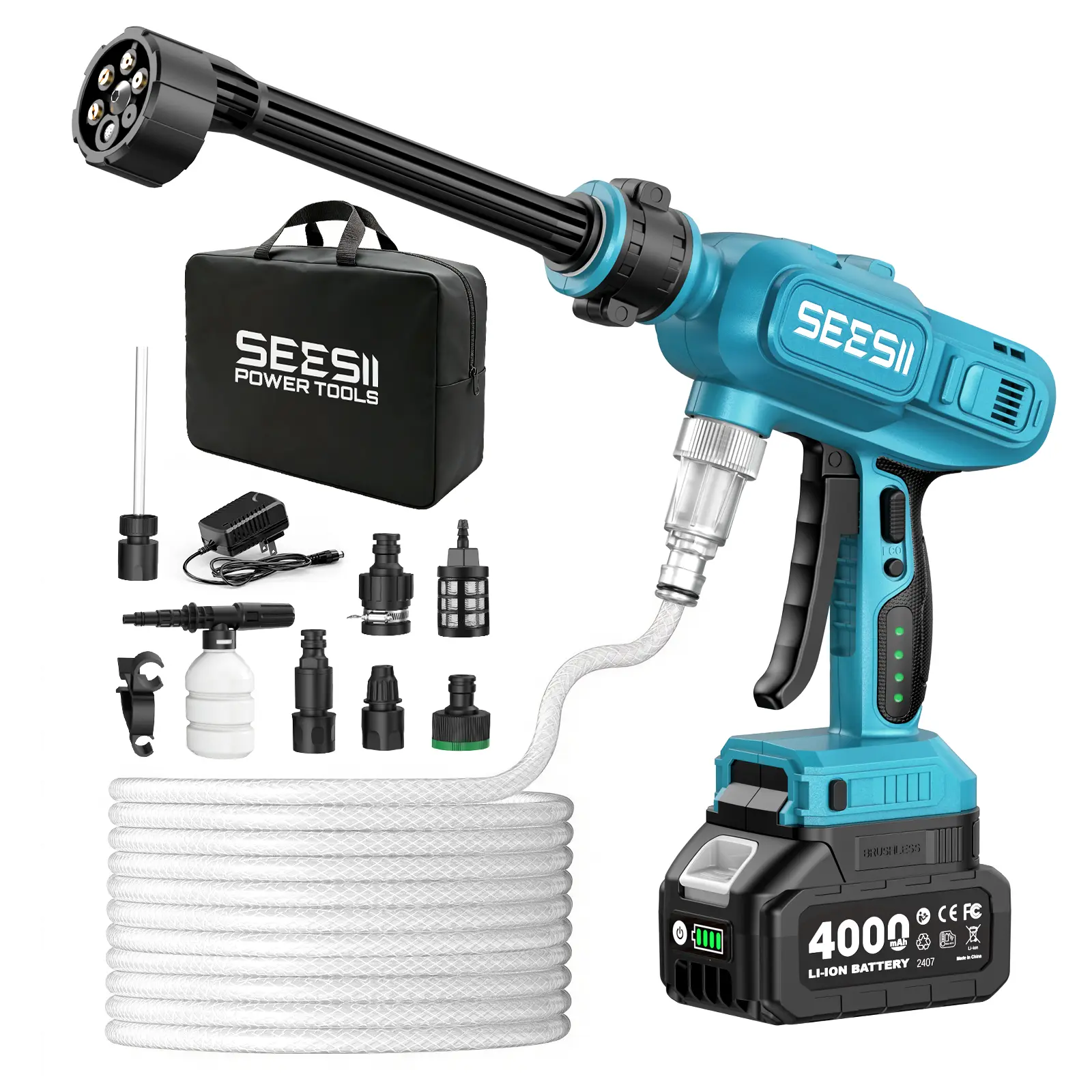 SEESII High-Pressure Cordless Pressure Washer, 1500 PSI Cleaner with 1 x 4000mAh Battery, 6-in-1 Nozzle & Foam Cannon for Car, Home, Garden Cleaning DealsForYouDays