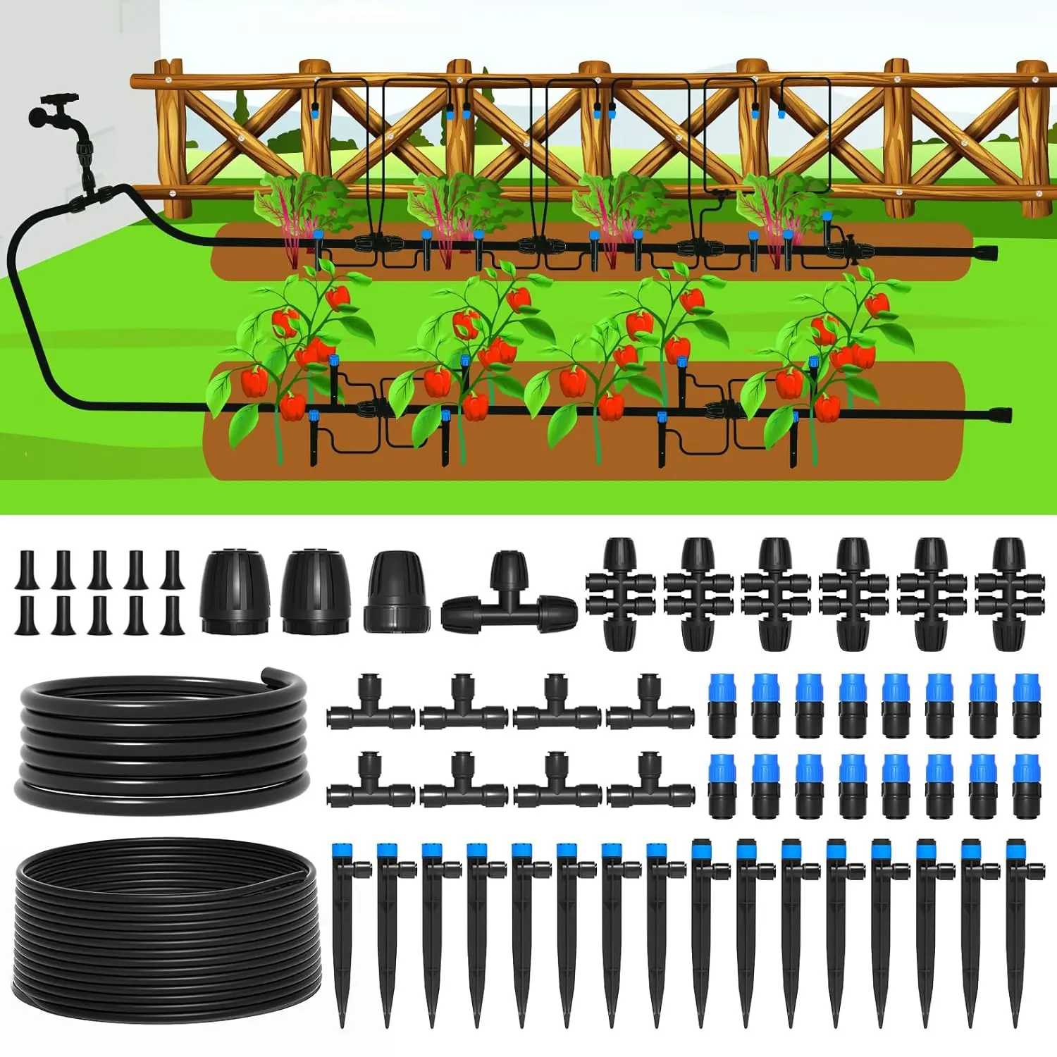 MIXC 197FT Plug-and-Play Automatic Drip Irrigation Kit, 1/4'' Tubing Garden Watering System with Quick Connectors, Drippers, Emitters, Adjustable Nozzles, Spray Nozzles for Lawn Raised Bed Irrigation Backyard, Adjustable Nozzle Watering Equipment, Automat
