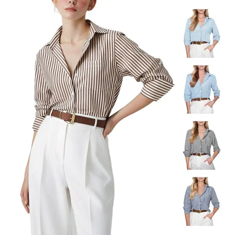 Siliteelon Striped Button Down Shirts Long Sleeve for Women Dress Shirts for Spring and Summer Old Money Outfits Collared Office Work Shirt with Pocket Comfy Business Casual & Chic | Designer Style Inspo