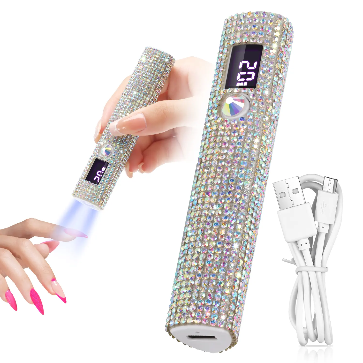 Luxury Compact Portable UV LED Nail Lamp - USB Rechargeable 200mAh Battery Quick-Dry Gel Polish Dryer for Nail Extension, Sparkling Rhinestone Design, Ideal for Manicure & Pedicure, Valentine's Gift, Single Item
