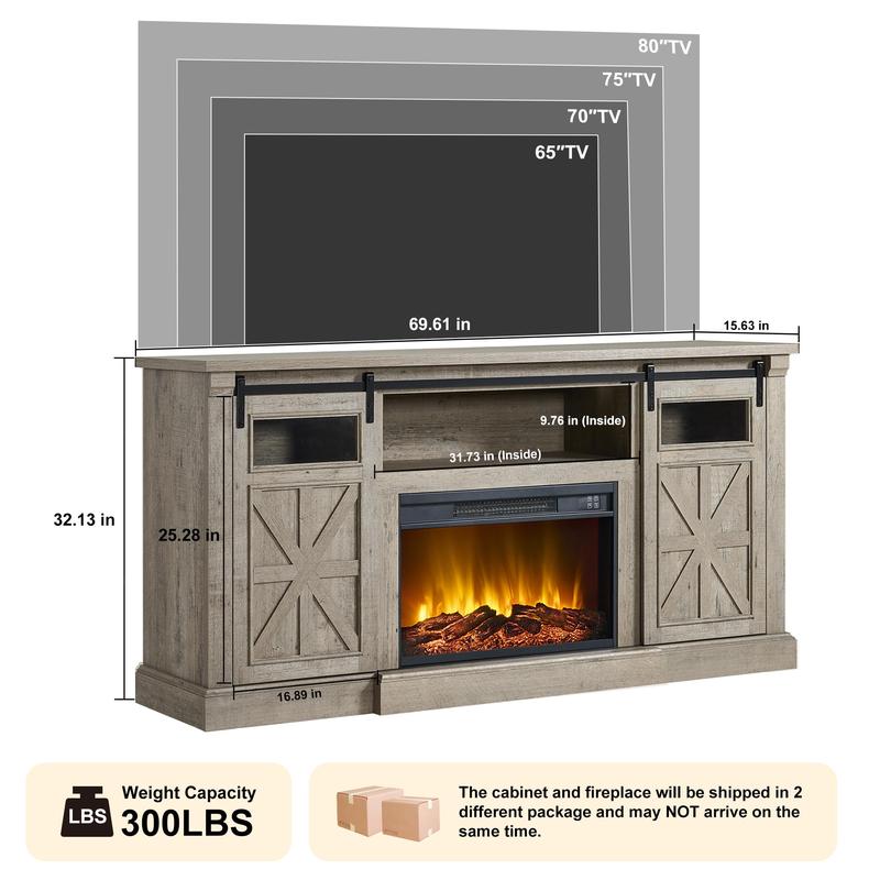 Fireplace TV Stand for up to 80 Inch TVs, 32’’ Tall LED Entertainment Center with Electric Fireplace, Farmhouse TV Console Table w/Sliding Barn Door & Window for Living Room, Rustic Gery
