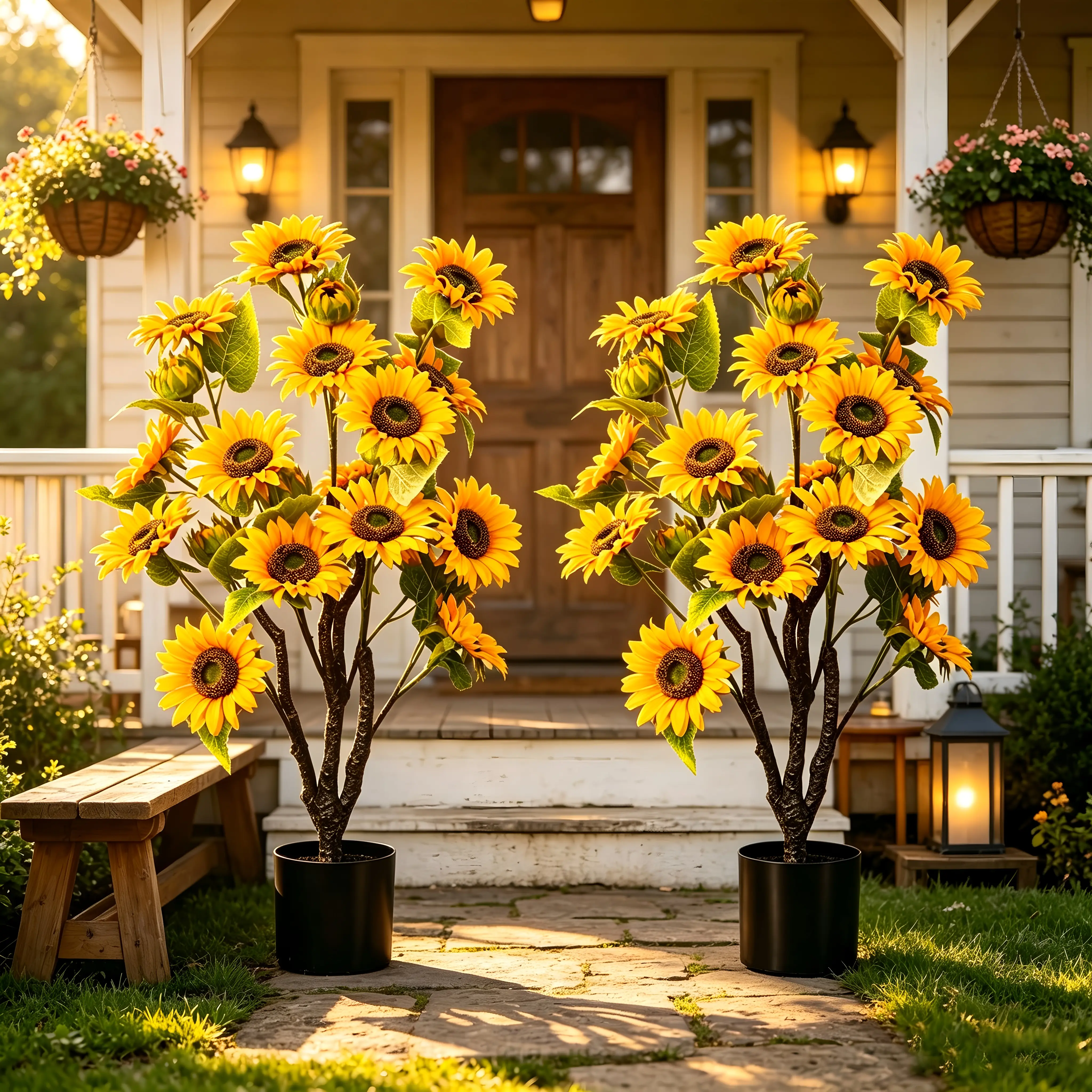 Pre-Potted Artificial Sunflower Floor Tree (3FT-4FT), UV-Resistant Lifelike Fake Plant, No-Water Low-Maintenance Decor for Indoors Outdoors Farmhouse, Everyday Decor with Rustic Chic Sunflower Blooms, Artificial Faux Plants