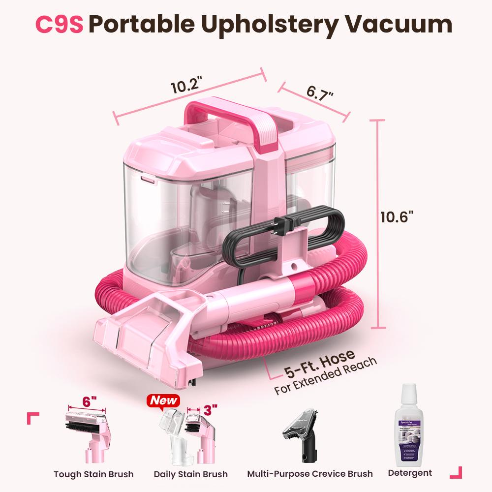 Upholstery Carpet Vacuum Cleaner, 18KPa Suction Spot Cleaning Machine for Pet Stains, Carpets, Sofa, Car Seats, Mattress, with 3 Multipurpose Cleaning Tools, 6'' Deep Cleaning Brush | Portable 3-in-1 Little Pink C9S pet lovers home essentials Summer Sale