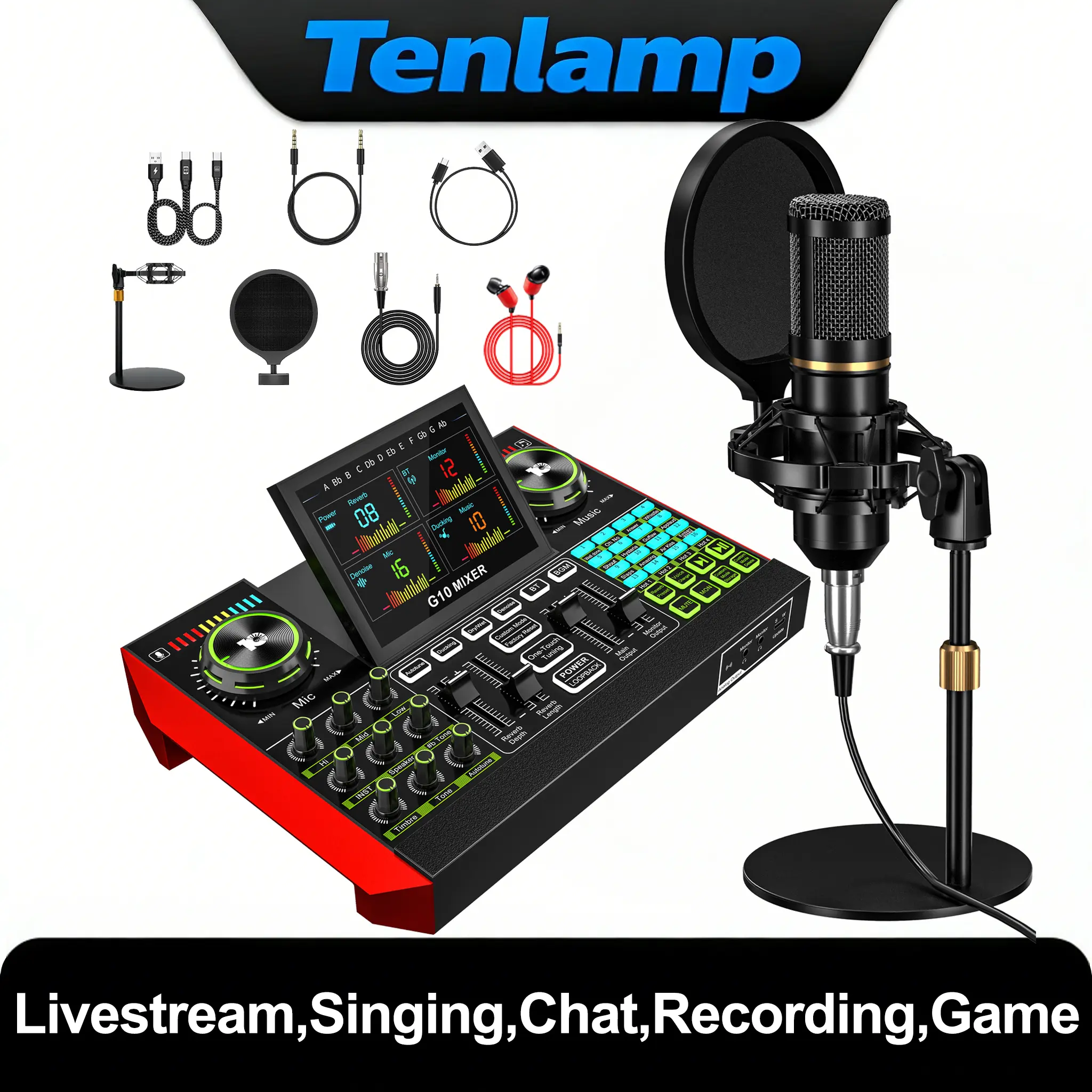 Tenlamp G10+Bm800 Plug-and-Play Podcast Studio Kit - LCD Adjustable Vocal Mixer Device with USB Port, Wired Microphone, Headphones, Microphone Stand, for Live Streaming, Recording, Compatible with Smartphones & Computers, Manufacturer Warranty summerwins