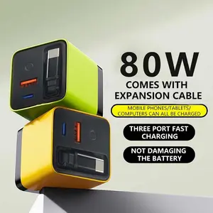 3 in 1 GaN Charger, Retractable 80W MAX Fast Charger Block with Type-C Cable & 2 USB Ports, Portable Adapter iPhone Smartphone Electronic, Yellow, Cellphone, Folding Charging