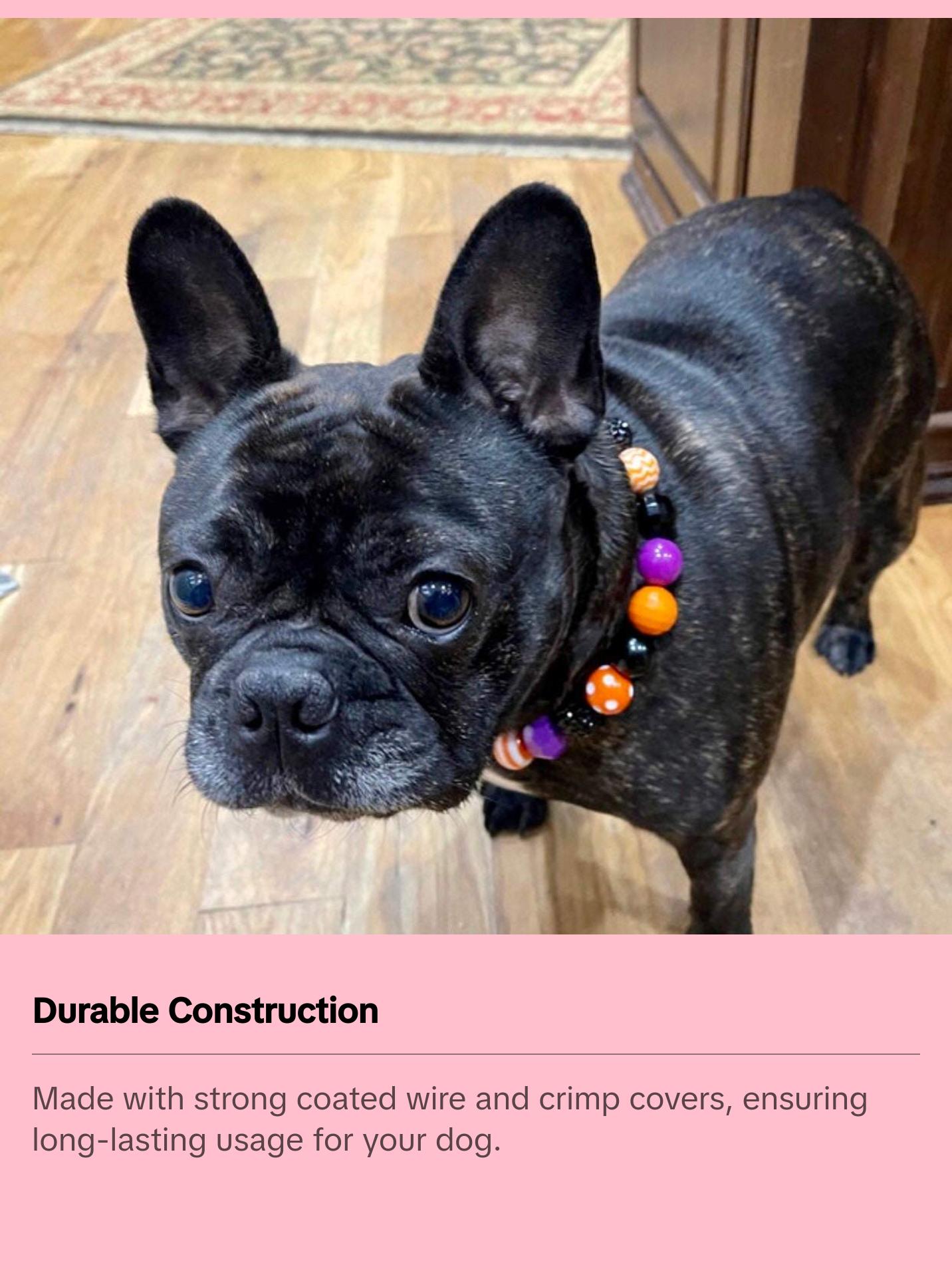 Howl-o-ween Beaded Dog Collar | Durable Dog Necklace | Orange, Black, White, Purple Jack Skellington Bead Collar | with Collar Charm