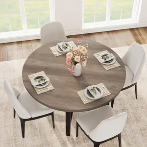 47" Round Dining Table for 4, Kitchen Dining Room Table with Sturdy Metal Frame, Wood Circle Kitchen Table for Space Saving -Grey