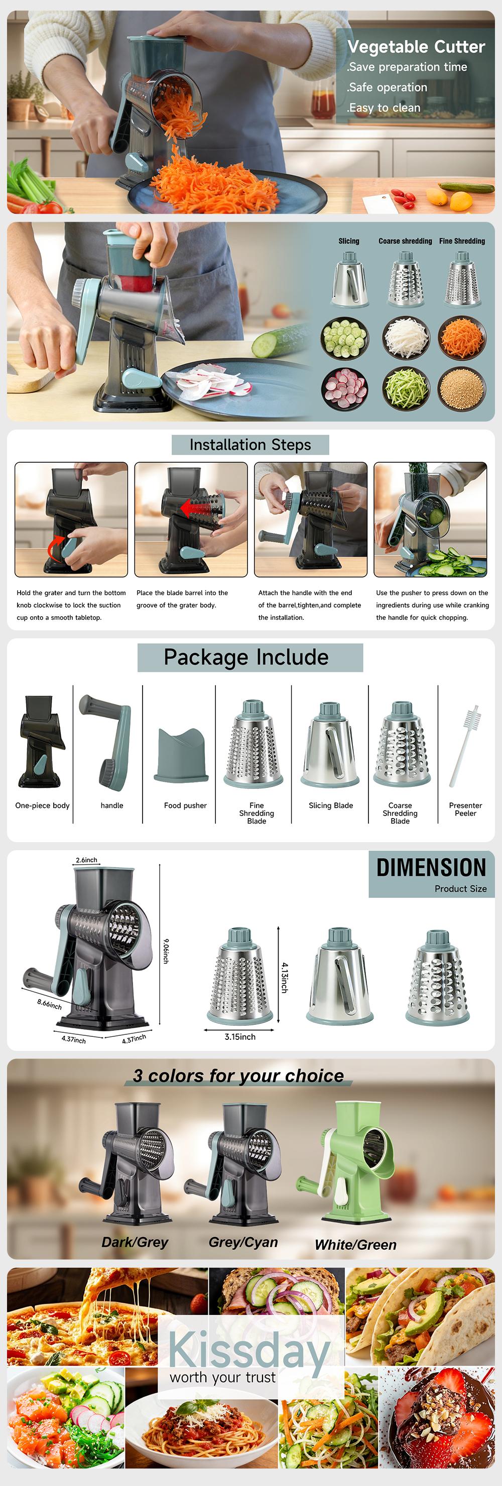 Kissday Rotary Cheese Grater with Handle, Shredder Slicer Grinder 3 Stainless Steel Blades, Hand Crank for Cheese, Vegetable, Nuts, Chocolate,Grey Blue