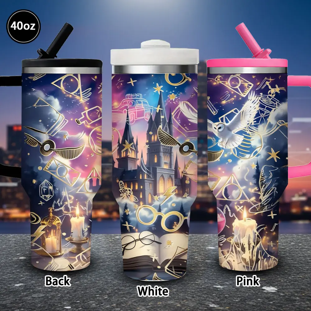 1pc 40oz Magical Castle and Owl Tumbler with Lid and straw, Winter Insulated Travel Mug, Gift for Women Men, Ideal for Valentine's Day, Birthday Gift, Coffee Cup for Office