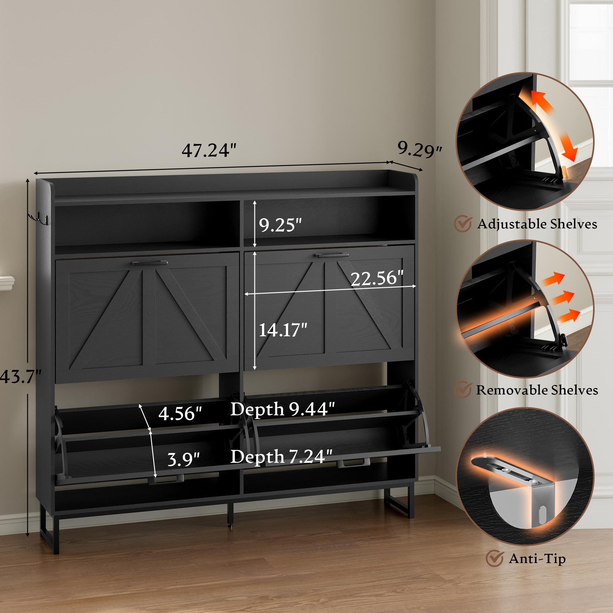 Shoe Cabinet with 4 Flip Drawers, Freestanding Hidden Shoe Storage Organizer for Entryway, Narrow Slim Shoe Rack Cabinet with Open Storage & Hooks for Front Door Entrance, Living Room, Hallway, Black