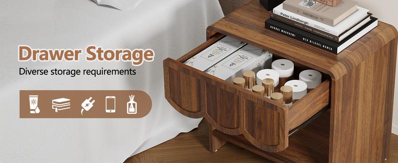 Giratree Small Night Stand, Mid Century Modern Farmhouse Wood Nightstand with Wave Panel Drawer, Bed Side End Table for Small Space, Living Room