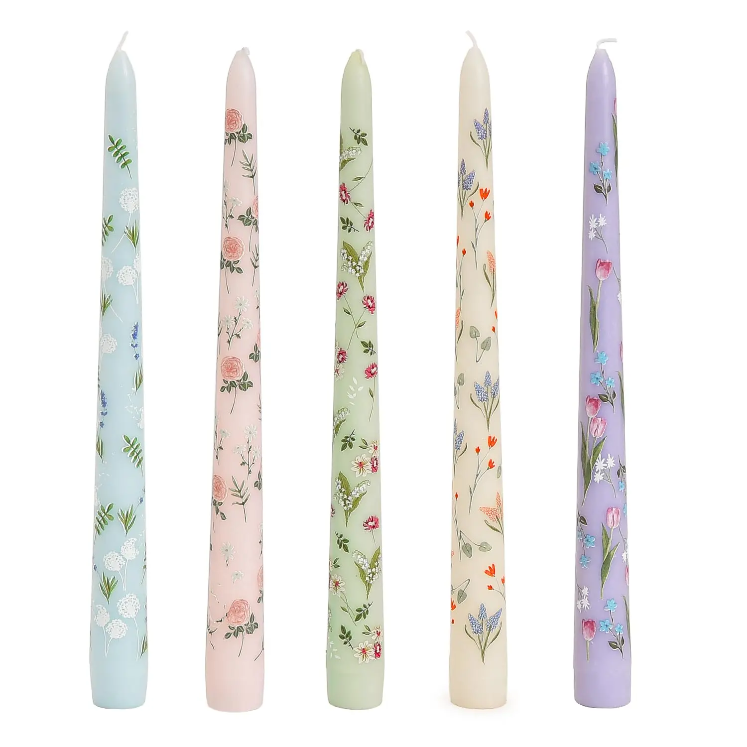 Sungmor Floral Taper Candlesticks - 10" Scented Colored Candles with 5-Color Decal Craft, Smokeless Long-Burning, Home Decor for Holiday Parties, Shelf Accents, Party