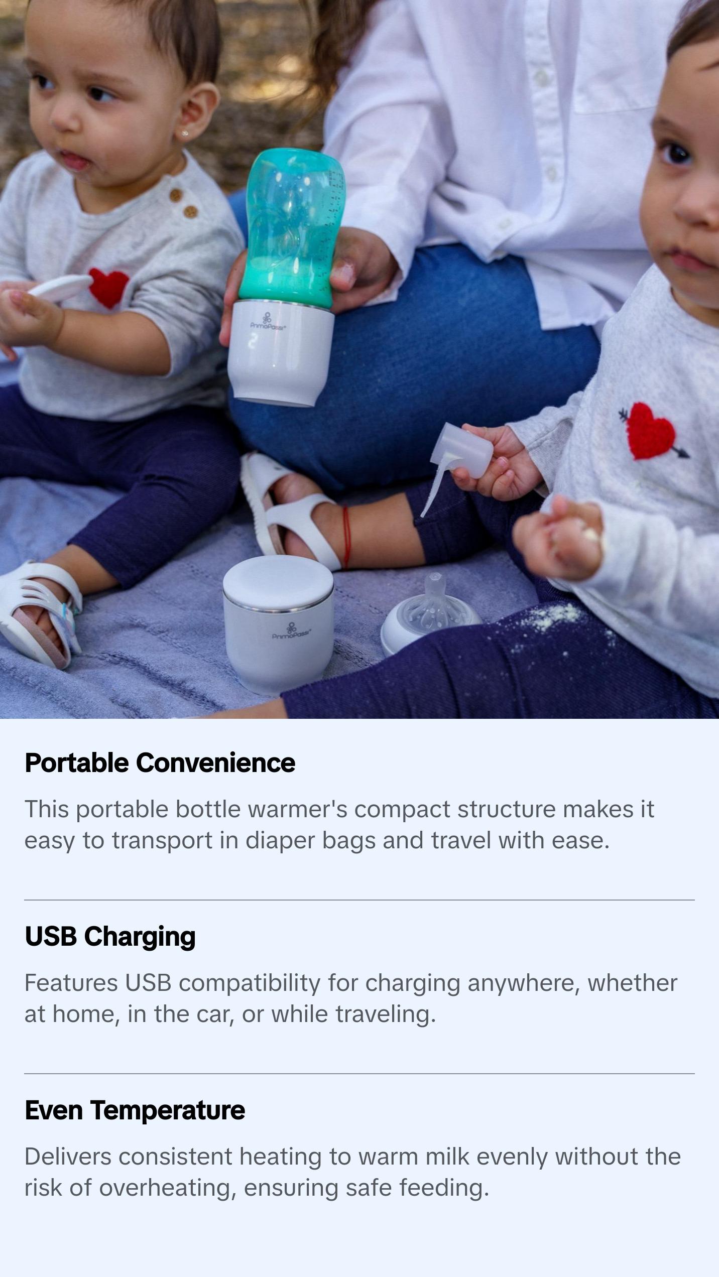 Primo Passi Portable Bottle Warmer White USB Compatible Compact Design for On-the-Go Feeding Ideal Temperature Consistent Heating Universal Fit