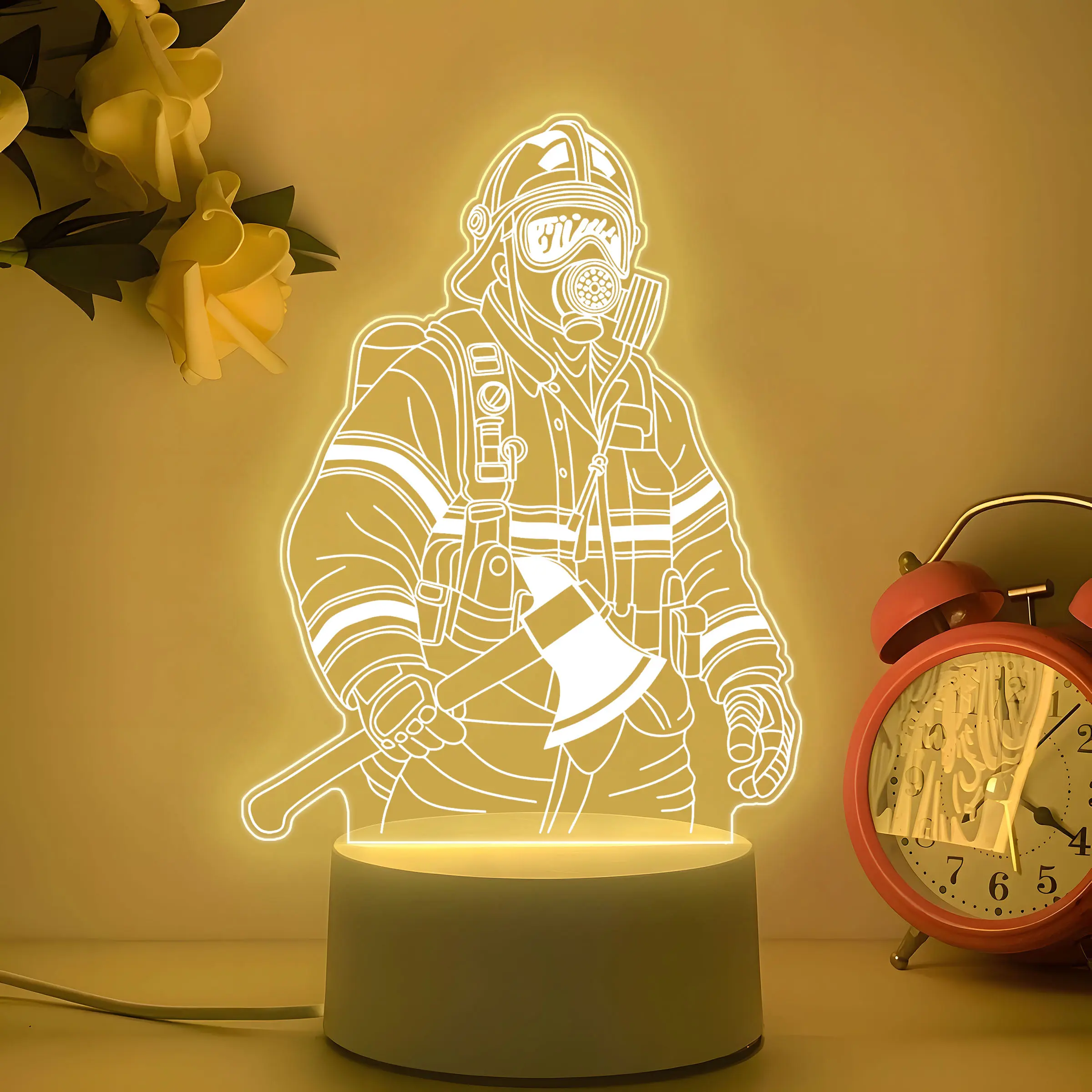 Acrylic Decorative Night Light, Home Decor Lighting, Firefighter Silhouette, USB Powered, Perfect Gift for Firefighters, Dad, Birthday, Christmas