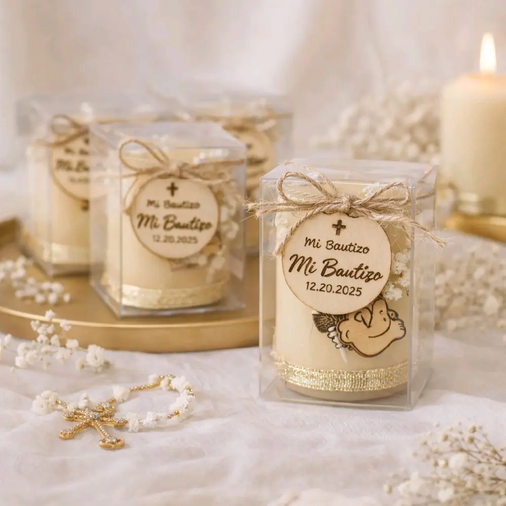 Personalized Mi Bautizo Baptism Favors Candle Set (12 Pieces) - Luxurious Look, Gold Accents, Text Print, Elegant Packaging, Memorable Favor for Divine Baptism Events