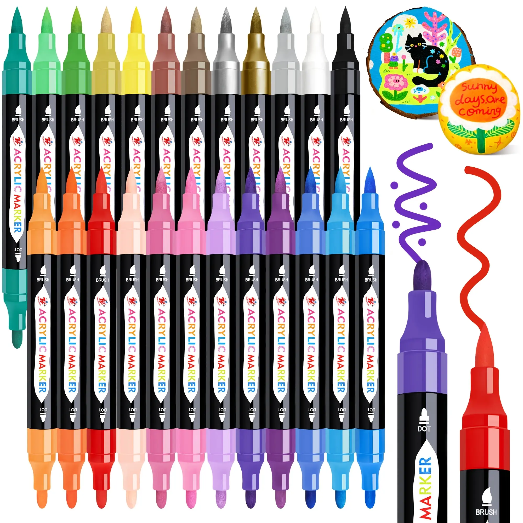 24pc Dual-Tip Acrylic Markers - 24 Assorted Rich Vibrant Colors, Non-Toxic Professional Multi-Surface 0.1mm Fine Acrylic Pens, Office Art Supplies for DIY Crafts, Decoration, Custom Gifts