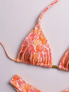 Seashell Print Bikini Set - Halter Triangle Top & Cheeky Tie-Side Bottoms Women Cute Bottoms Y2K Tropical Beach Swimwear