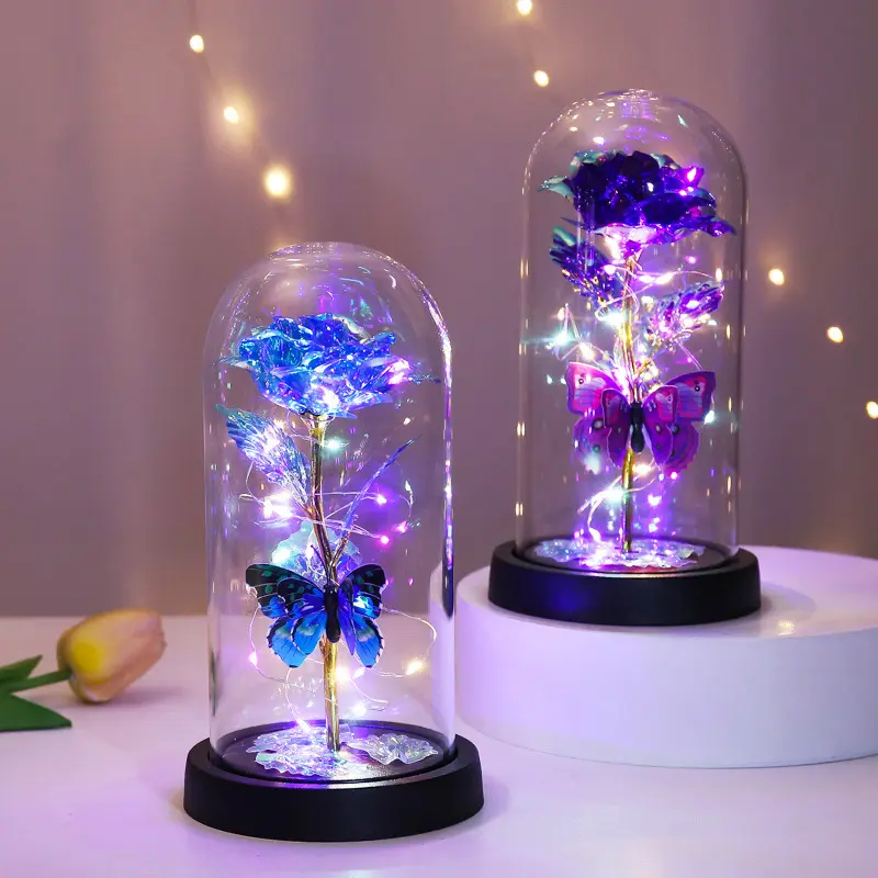 Eternal Butterfly Rose Glass Dome Display with LED Light - Glass Dome Shape Home Decor, Romantic Gift for Qixi Festival, Adds Romance to Bedroom & Living Room, SummerVibes Home Supplies Statue Figurine, Creative Gift