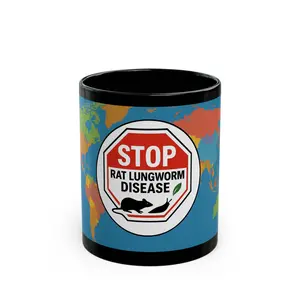 11oz Glossy Ceramic Reusable Cup, Stop Rat Lungworm Disease Awareness Black Drink Mug