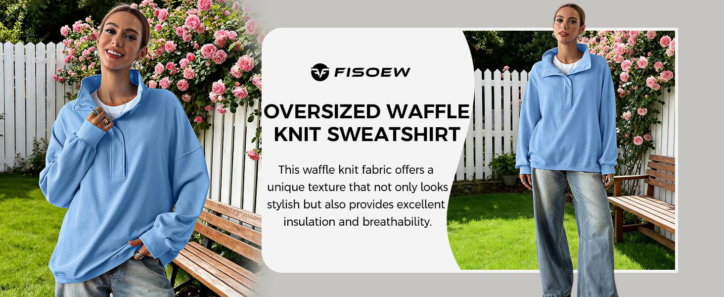 Fisoew Womens Waffle Knit Oversized Sweatshirt Casual Snap Stand Collar Long Sleeve Pullover Tops Fall Travel Outfits Womenswear Button women zip crewneck graphic camohoodie wicked sweatshirt cute winter zip hoodie Check Knitwear #TikTokShopHolidayHaul Sp