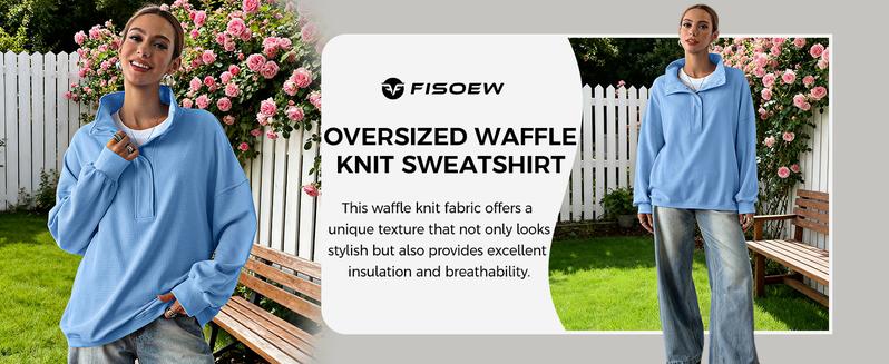 Fisoew Womens Waffle Knit Oversized Sweatshirt Casual Snap Stand Collar Long Sleeve Pullover Tops Fall Travel Outfits Womenswear Button women zip crewneck graphic camohoodie wicked sweatshirt cute winter zip hoodie Check Knitwear #TikTokShopHolidayHaul