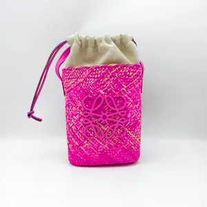 Pre-owned Loewe Paula’s Ibiza Drawstring Bucket in Hot Pink Woven Raffia with Iconic Anagram Logo & Leather Strap Summer Vacation Essential for Coastal Girls!