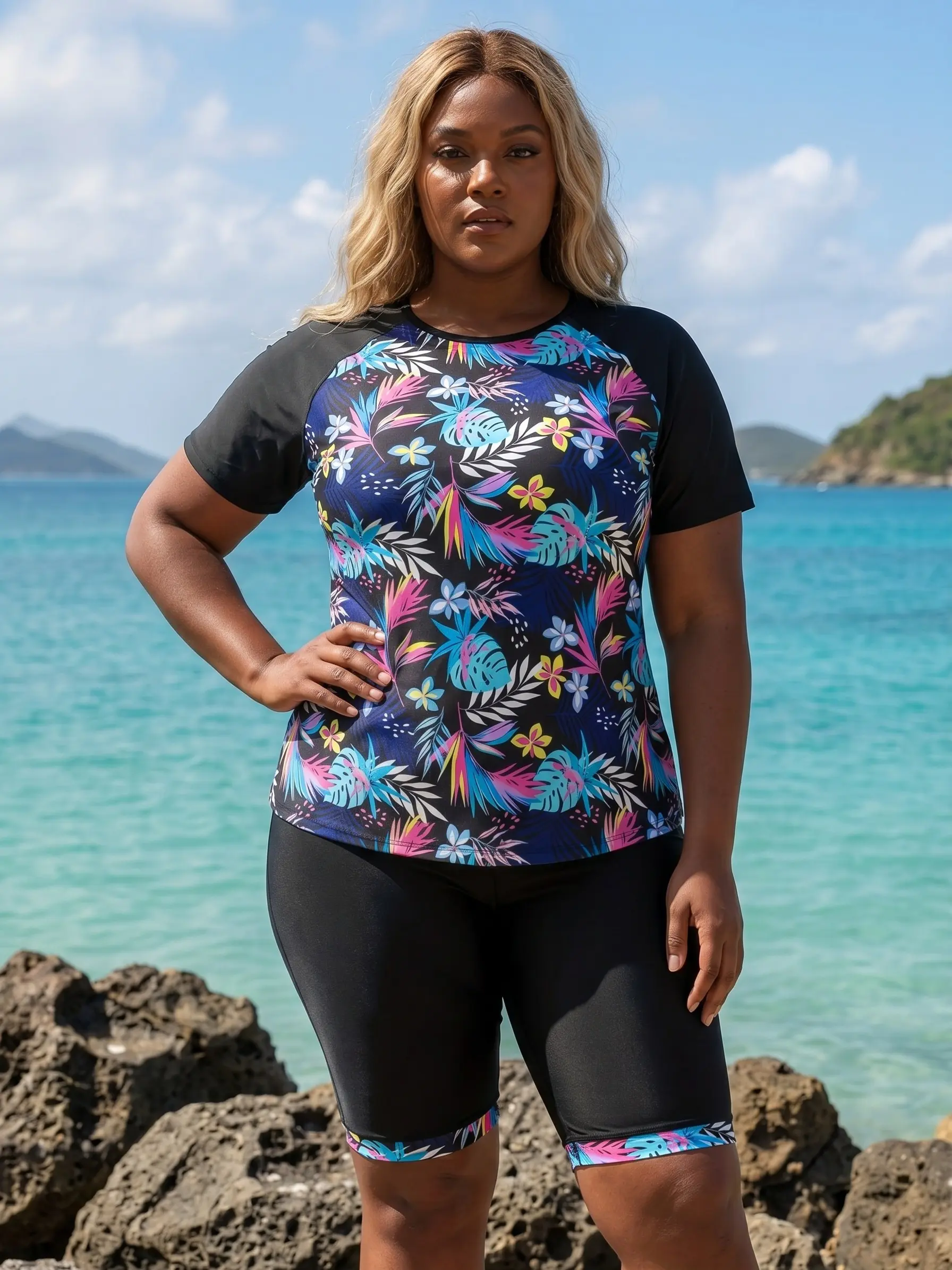 Women's Plus Size Navy Tropical Floral 2-Piece Tankini Swimsuit Set - Raglan Short-Sleeve Rash Guard Swim Top, Knee-Length Swim Capris, Modest Full-Coverage Female Surf Bathing Suit for Curvy Figures, Swimsuits, Tankini Swimsuits