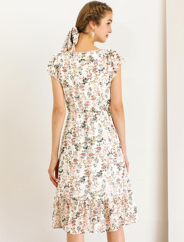 INSPIRE CHIC Floral Chiffon Flutter Sleeve Belted Square Neck Ruffled Hem Dress White